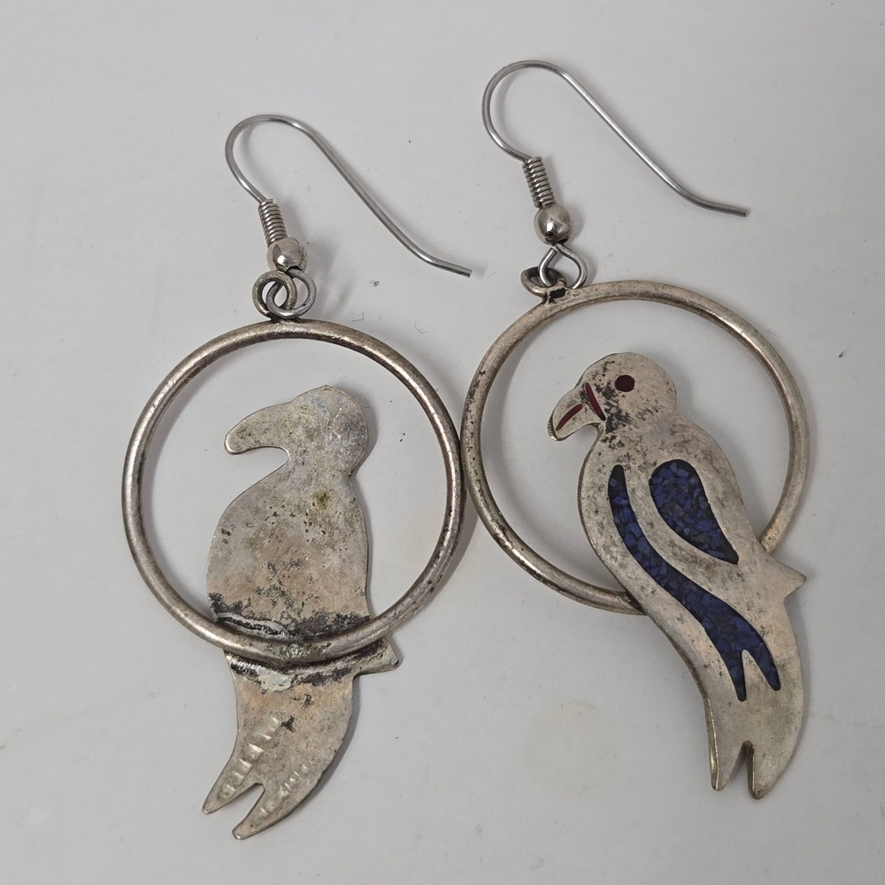 Vintage Alpaca Silver Bird Hoop Earrings Blue Inlay Boho Dangle Drop Fishhook - Picture 3 of 4